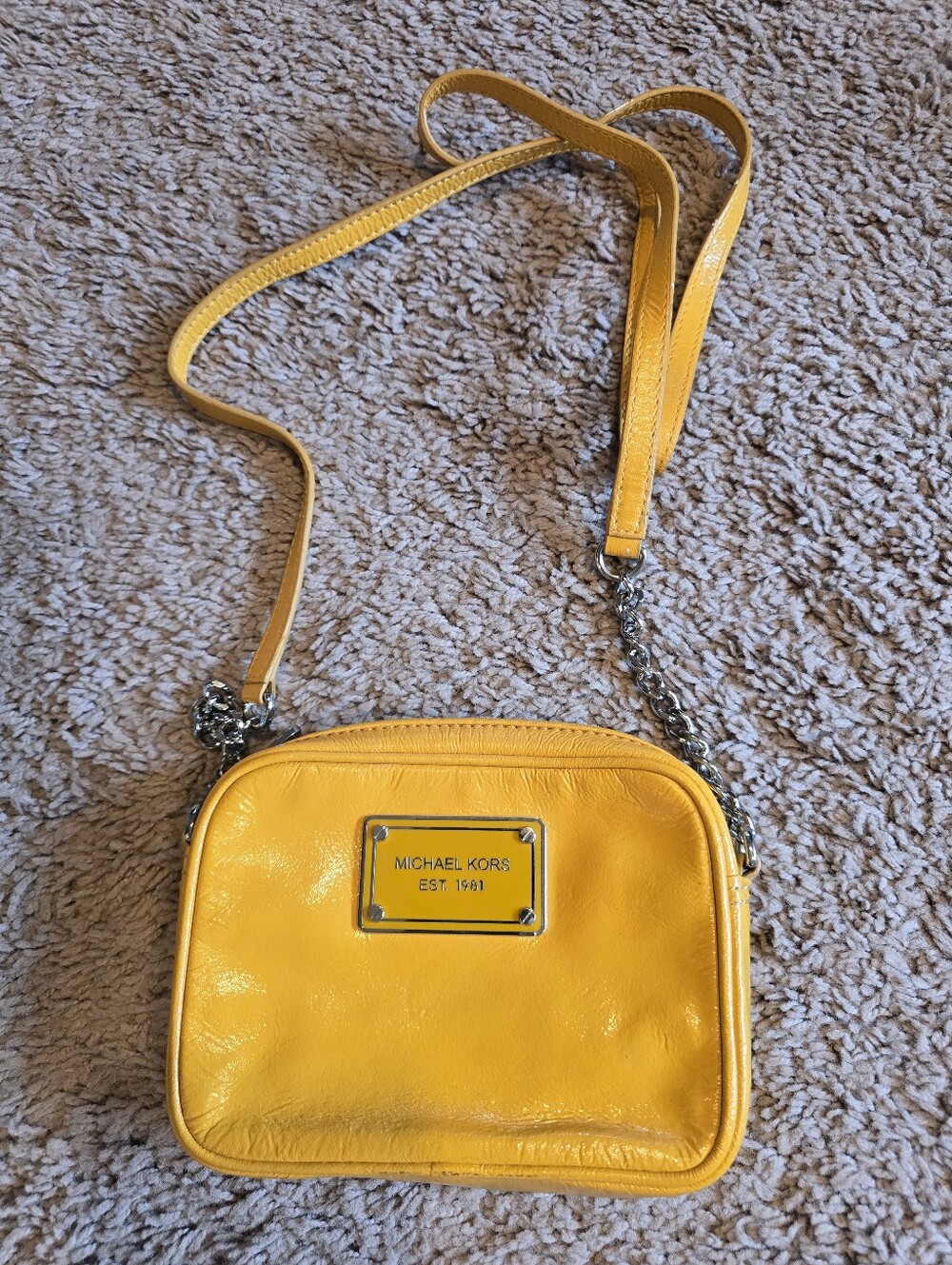 Michael Kors Mustard Yellow Leather Crossbody with Silver Chain Strap